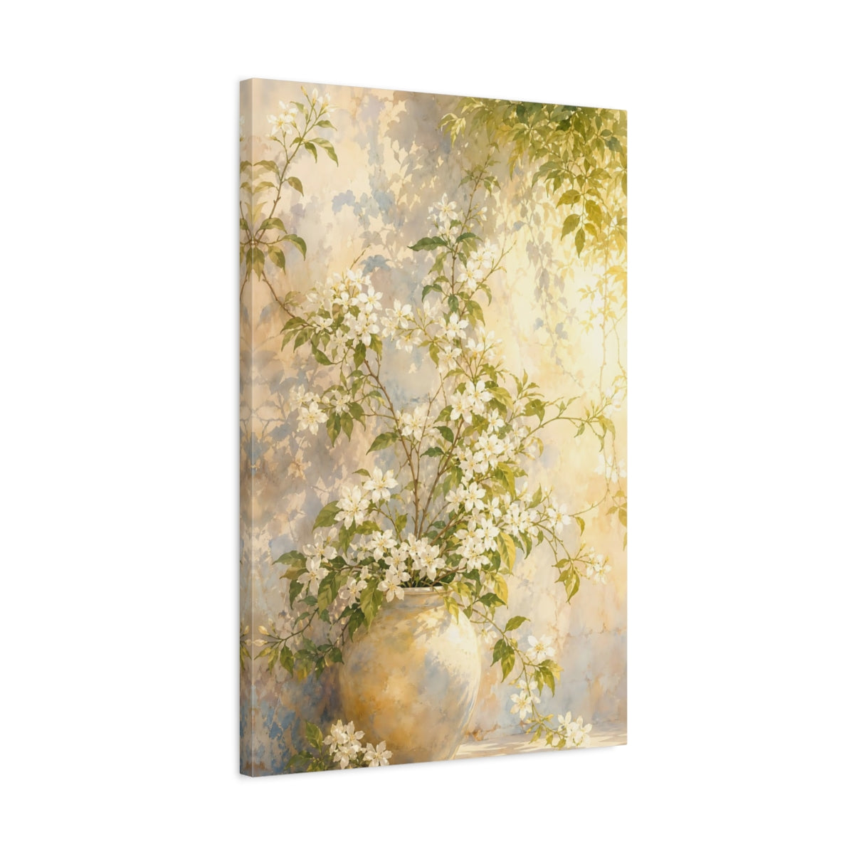 Side Mockup 2. Floral Flowering Vines White Floral Yellow shown as stretched canvas wall art