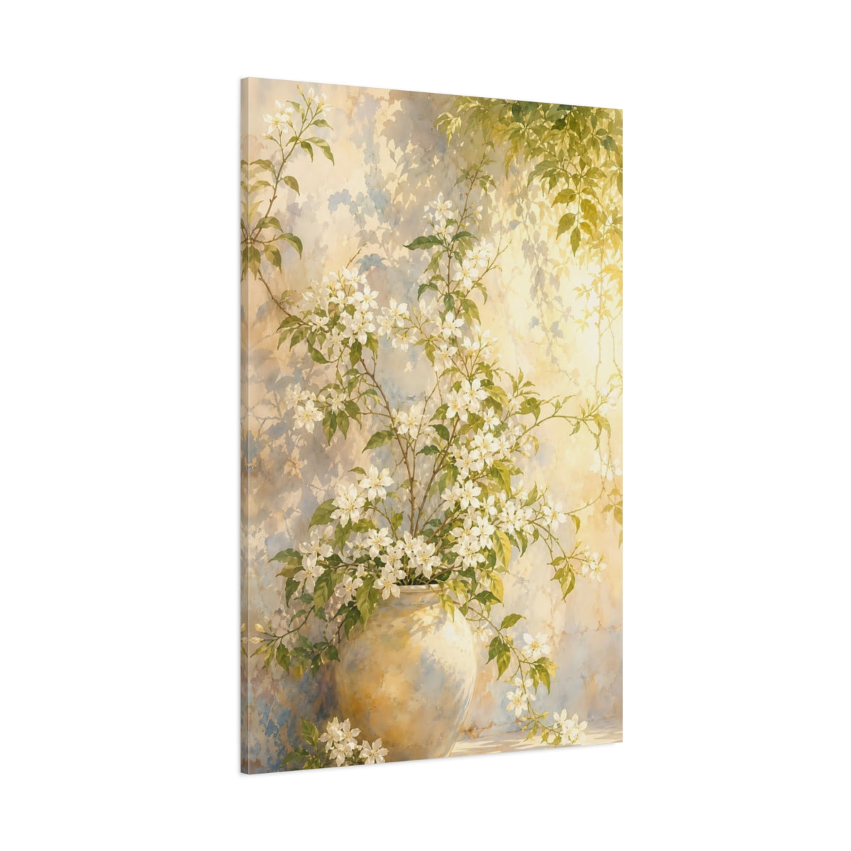Side Mockup 1. Floral Flowering Vines White Floral Yellow shown as stretched canvas wall art