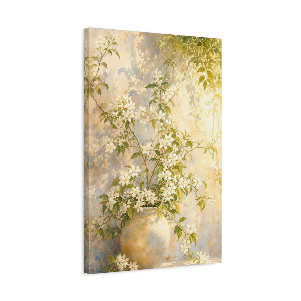 Side Mockup 3. Floral Flowering Vines White Floral Yellow shown as stretched canvas wall art