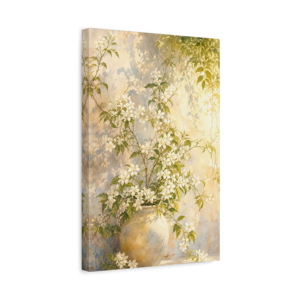 Side Mockup 4. Floral Flowering Vines White Floral Yellow shown as stretched canvas wall art