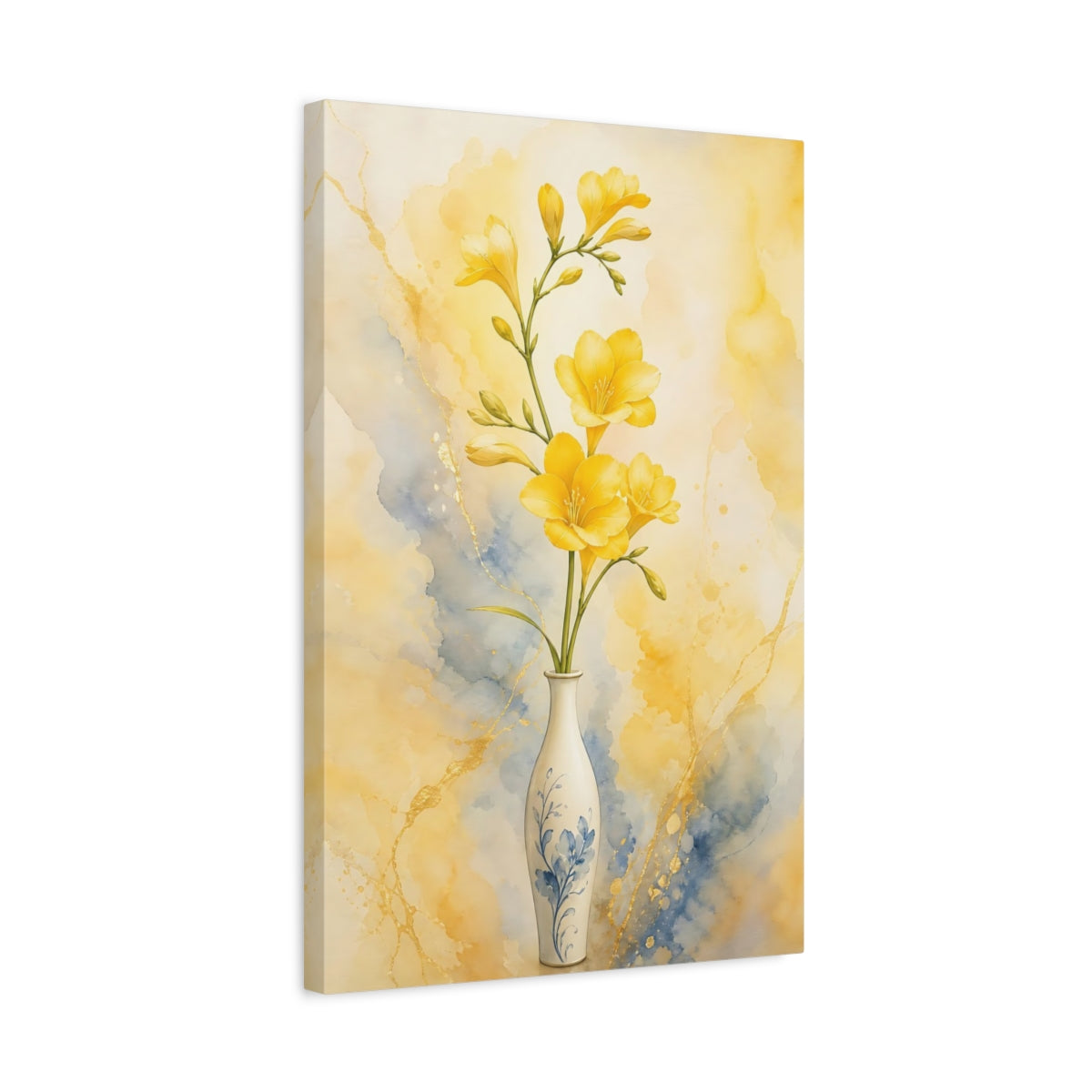 Side Mockup 3. Floral Freesia Flowers Yellow Freesias shown as stretched canvas wall art