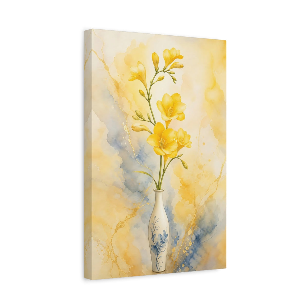 Side Mockup 4. Floral Freesia Flowers Yellow Freesias shown as stretched canvas wall art
