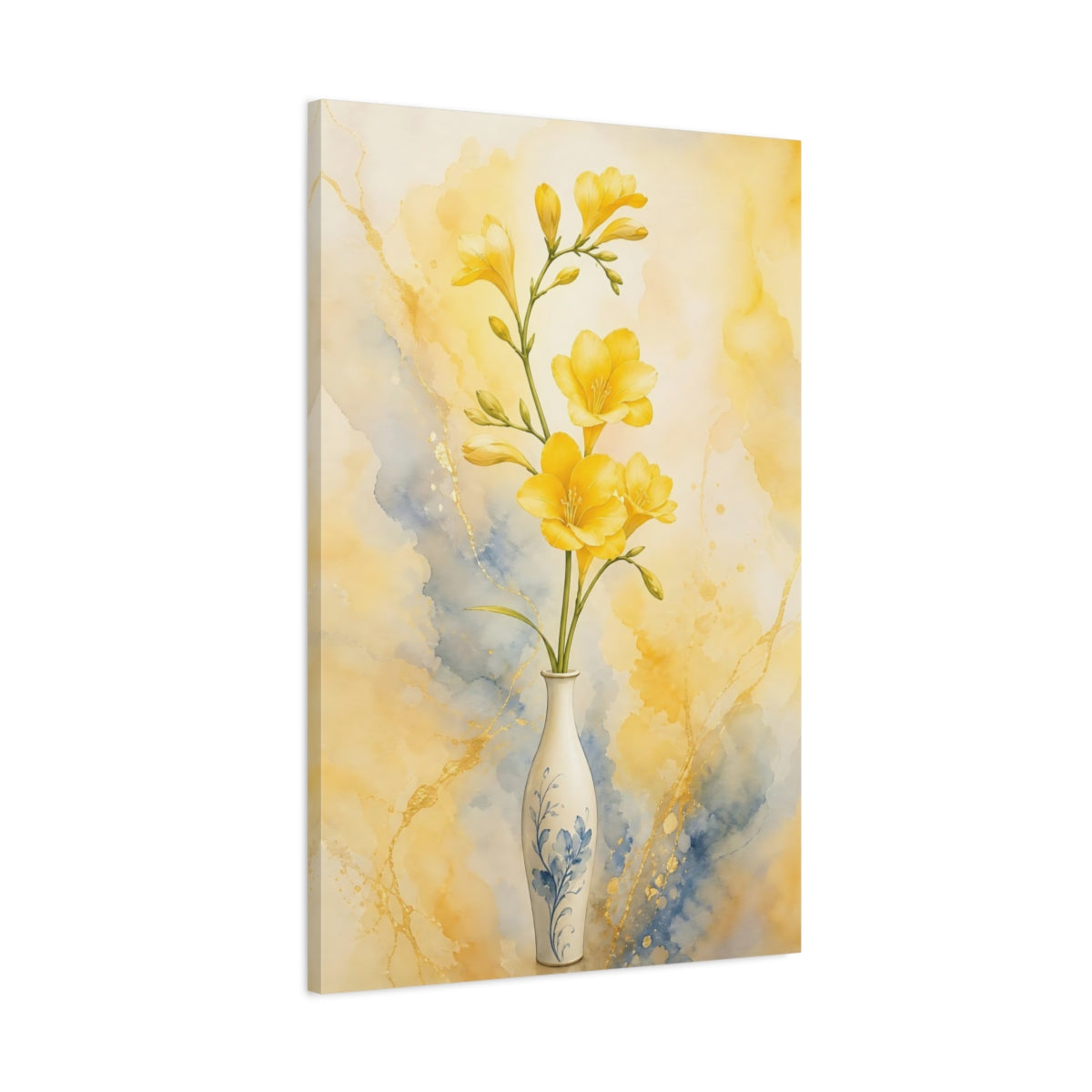 Main Mockup. Floral Freesia Flowers Yellow Freesias shown as stretched canvas wall art