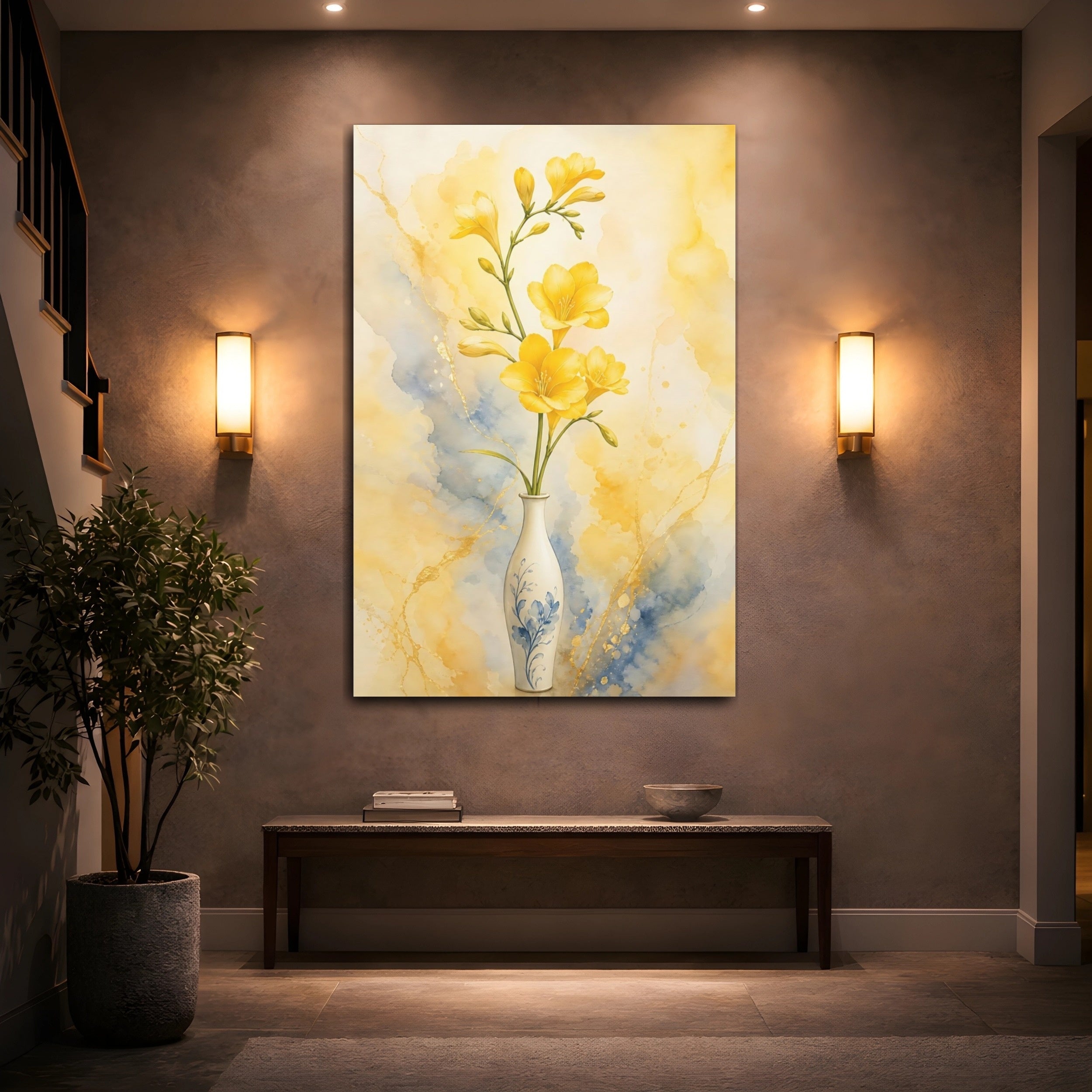 Mockup 2. Floral Freesia Flowers Yellow Freesias shown as stretched canvas wall art