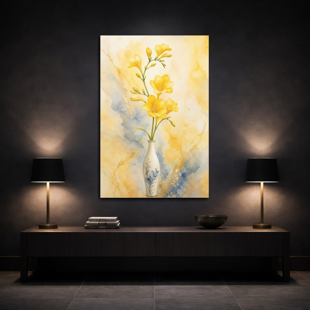 Mockup 3. Floral Freesia Flowers Yellow Freesias shown as stretched canvas wall art