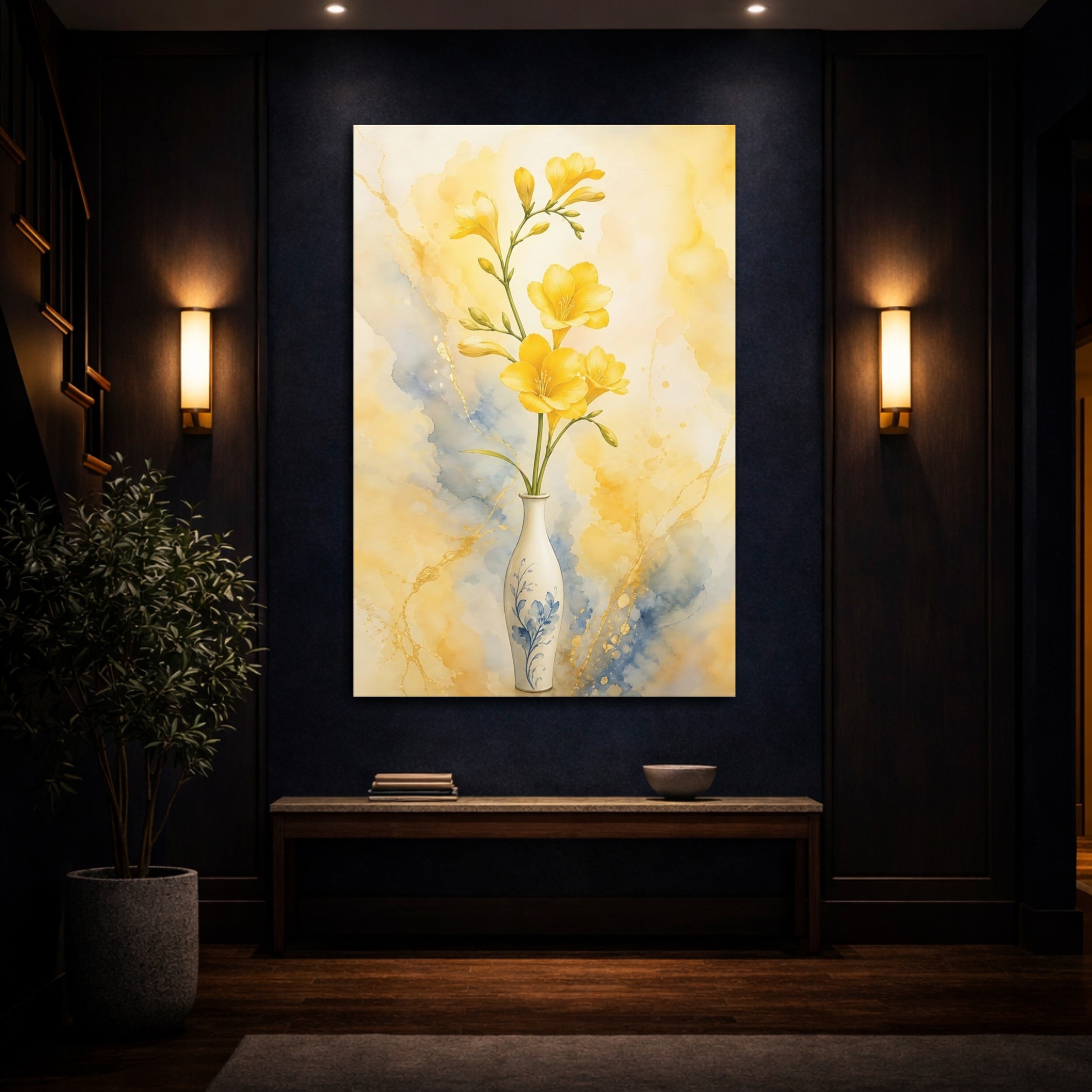 Mockup 4. Floral Freesia Flowers Yellow Freesias shown as stretched canvas wall art