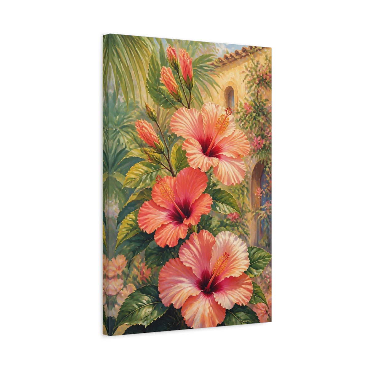 Side Mockup 3. Floral Hibiscus Flowers Pink Hibiscus shown as stretched canvas wall art