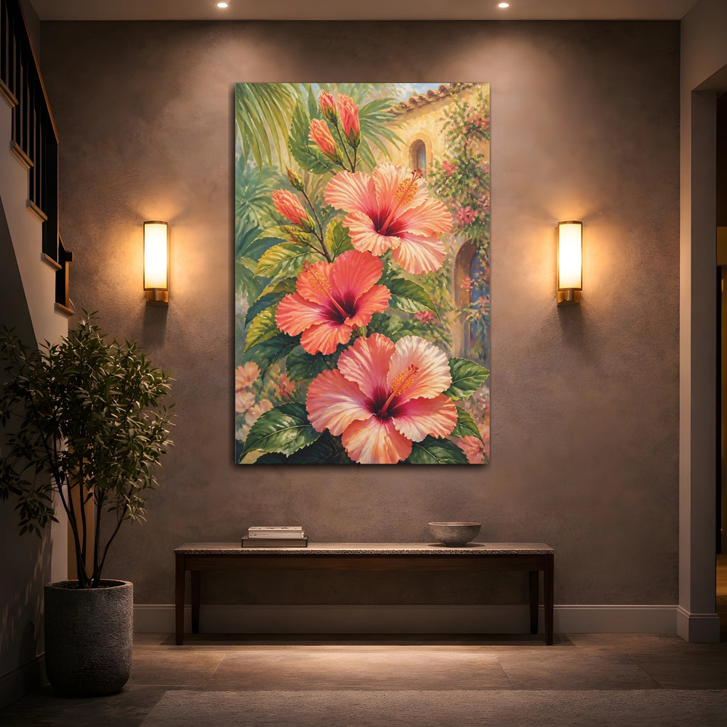 Mockup 2. Floral Hibiscus Flowers Pink Hibiscus shown as stretched canvas wall art