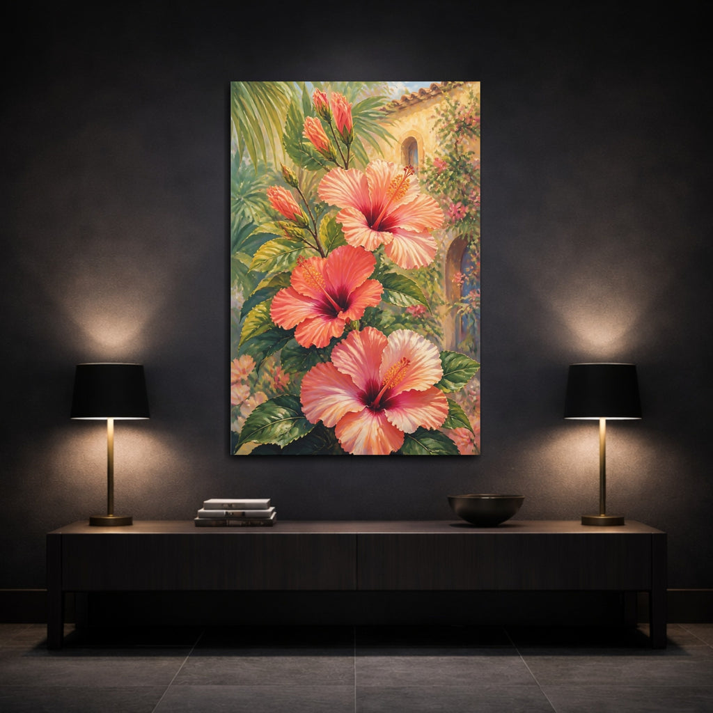 Mockup 3. Floral Hibiscus Flowers Pink Hibiscus shown as stretched canvas wall art