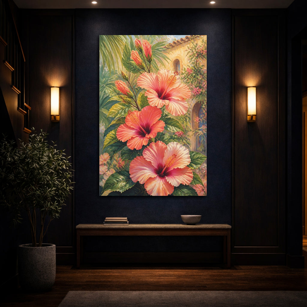 Mockup 4. Floral Hibiscus Flowers Pink Hibiscus shown as stretched canvas wall art