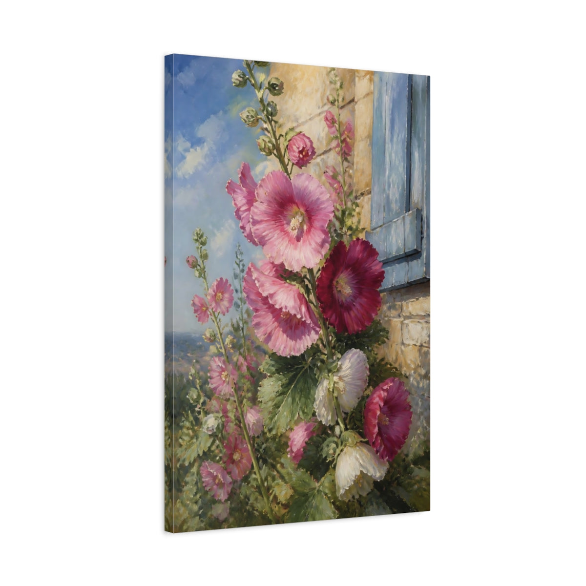 Side Mockup 2. Floral Hollyhocks Pink Floral shown as stretched canvas wall art