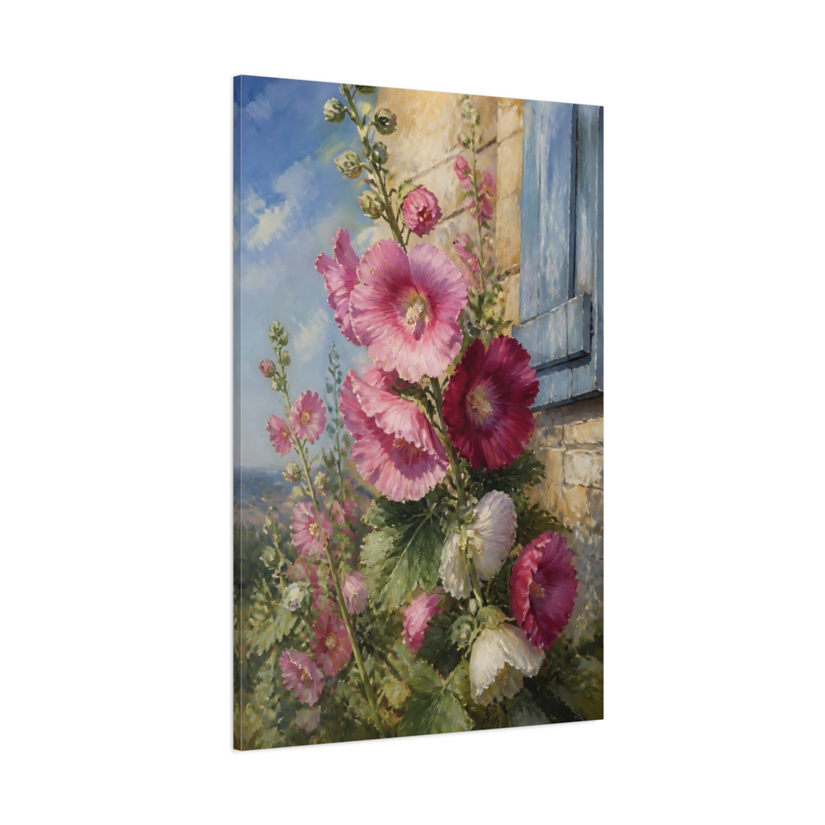 Side Mockup 1. Floral Hollyhocks Pink Floral shown as stretched canvas wall art