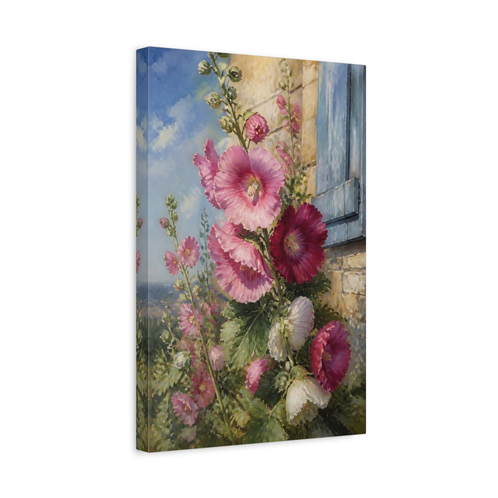 Side Mockup 4. Floral Hollyhocks Pink Floral shown as stretched canvas wall art