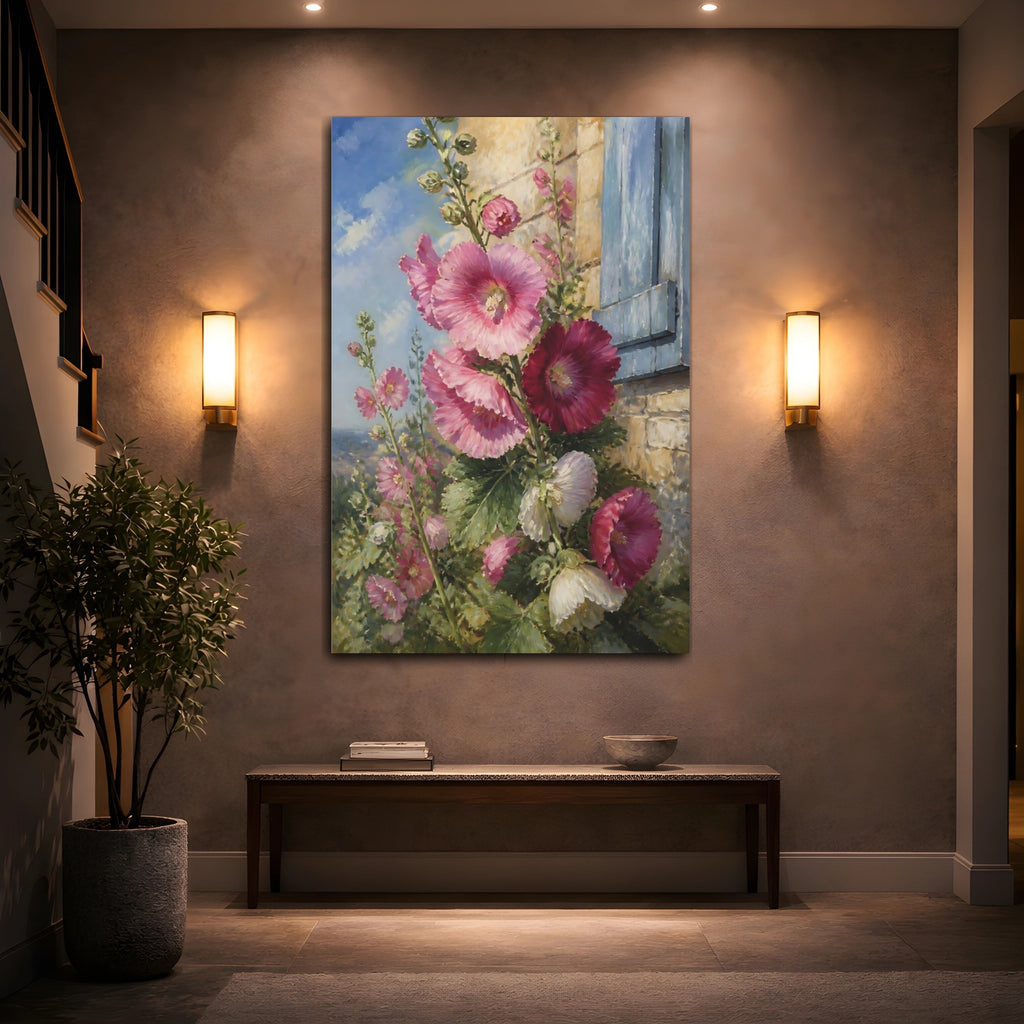 Mockup 2. Floral Hollyhocks Pink Floral shown as stretched canvas wall art