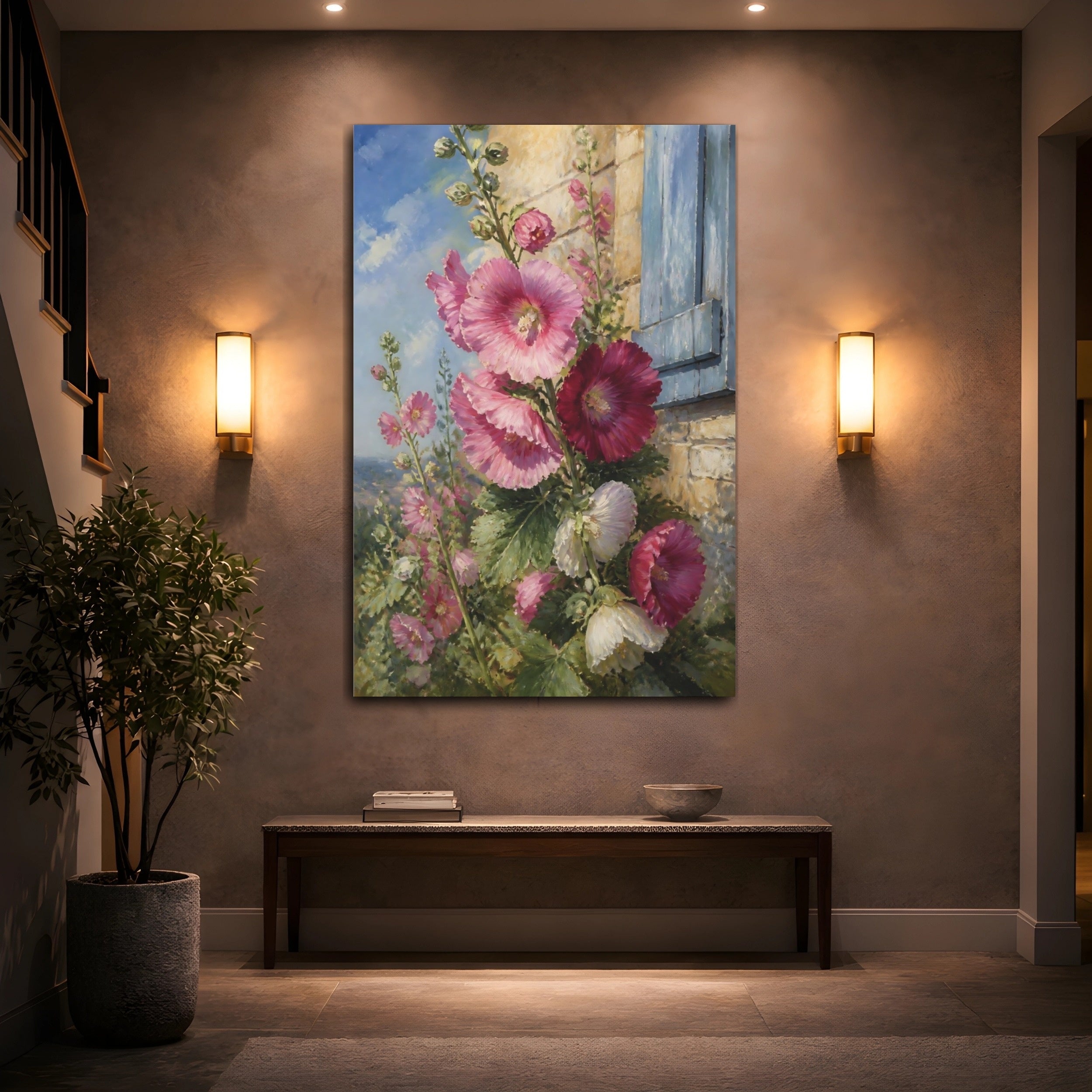 Mockup 2. Floral Hollyhocks Pink Floral shown as stretched canvas wall art
