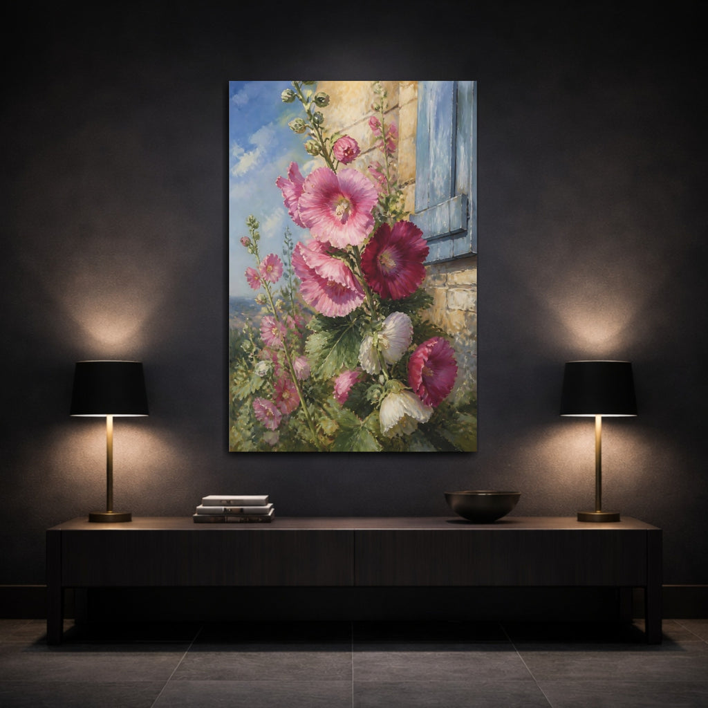 Mockup 3. Floral Hollyhocks Pink Floral shown as stretched canvas wall art