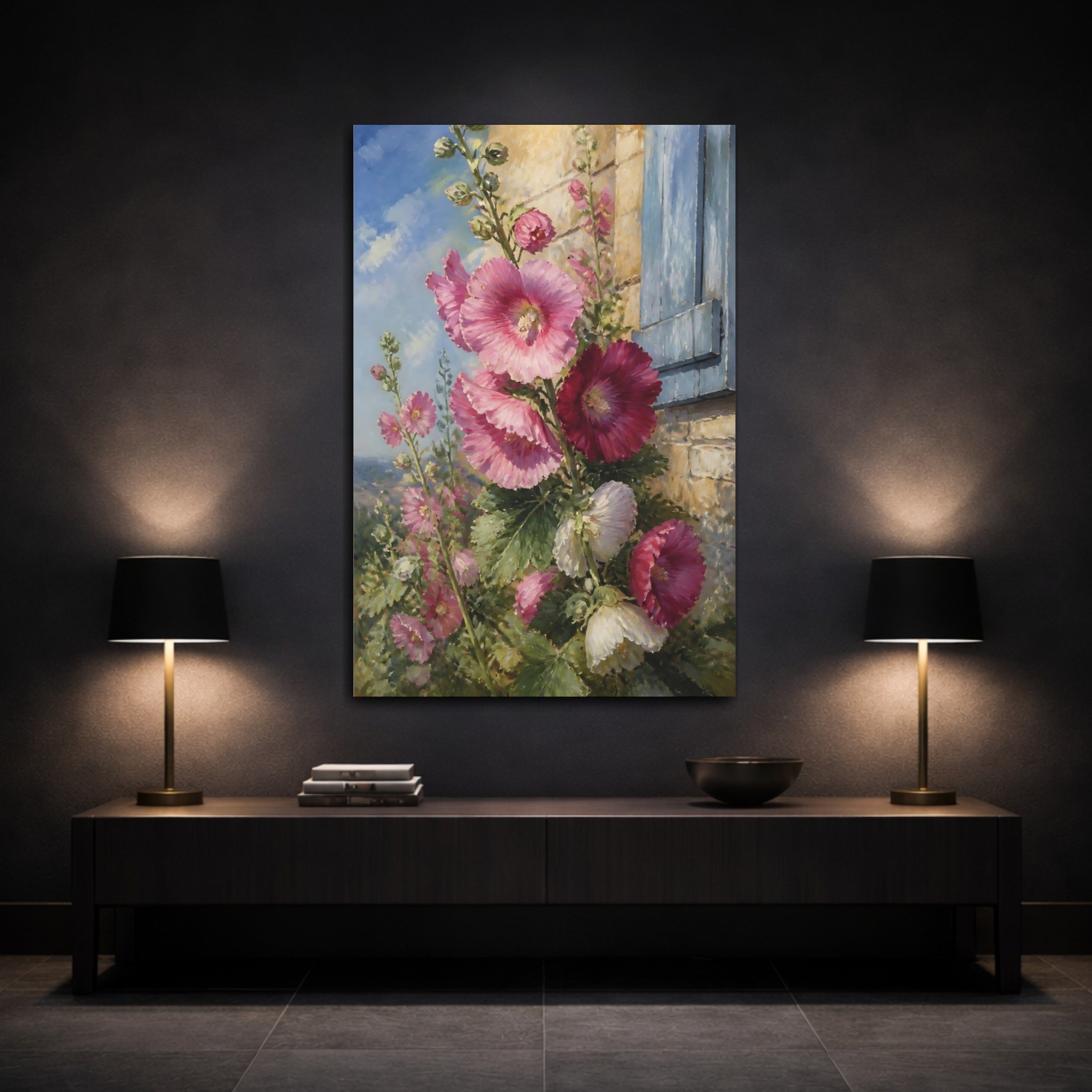 Mockup 3. Floral Hollyhocks Pink Floral shown as stretched canvas wall art