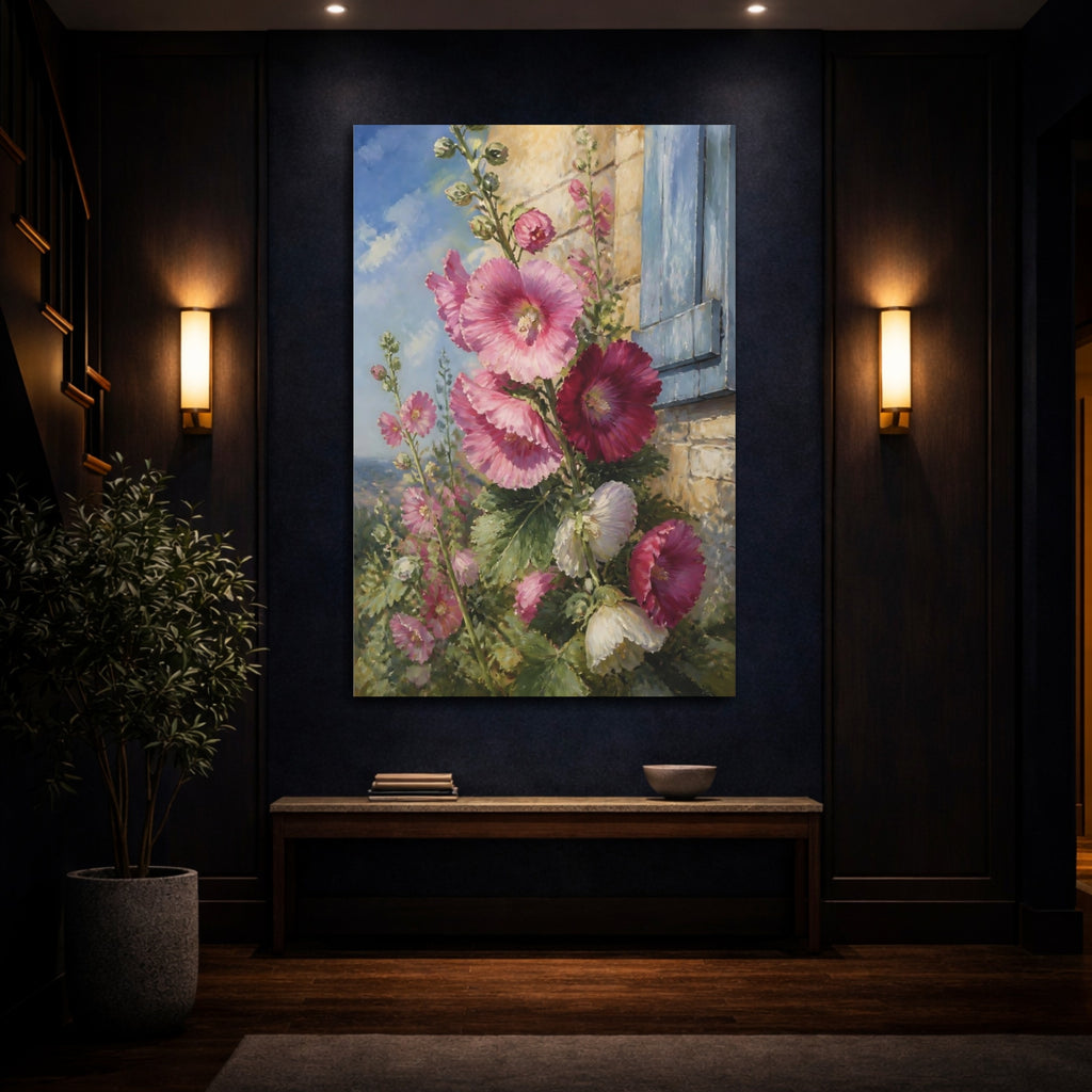 Mockup 4. Floral Hollyhocks Pink Floral shown as stretched canvas wall art