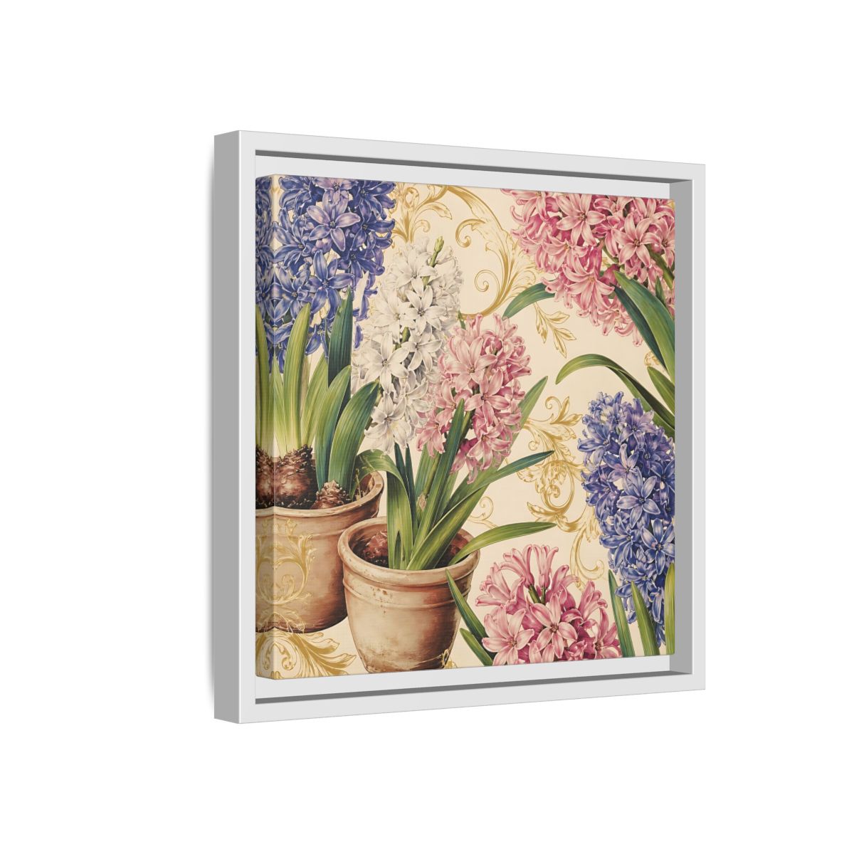 Side Mockup 16. Floral Hyacinth Flowers Hyacinth Floral shown as stretched canvas wall art