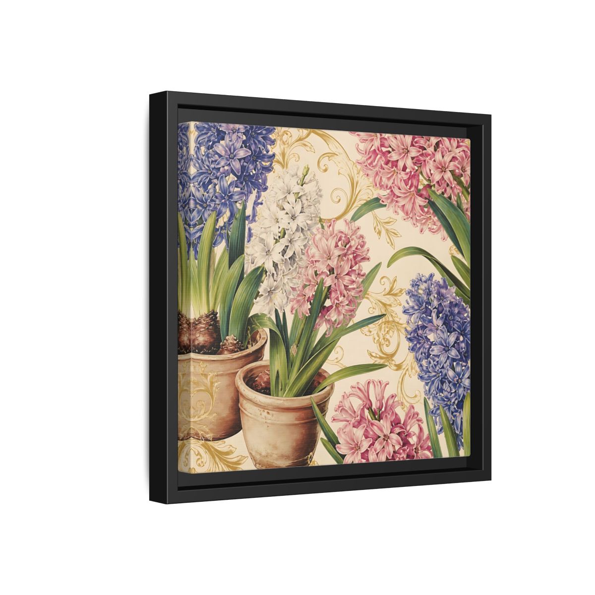 Side Mockup 18. Floral Hyacinth Flowers Hyacinth Floral shown as stretched canvas wall art