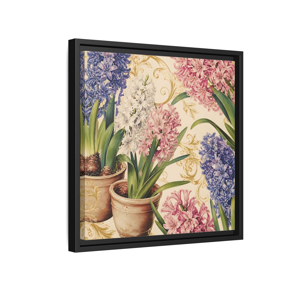 Side Mockup 15. Floral Hyacinth Flowers Hyacinth Floral shown as stretched canvas wall art