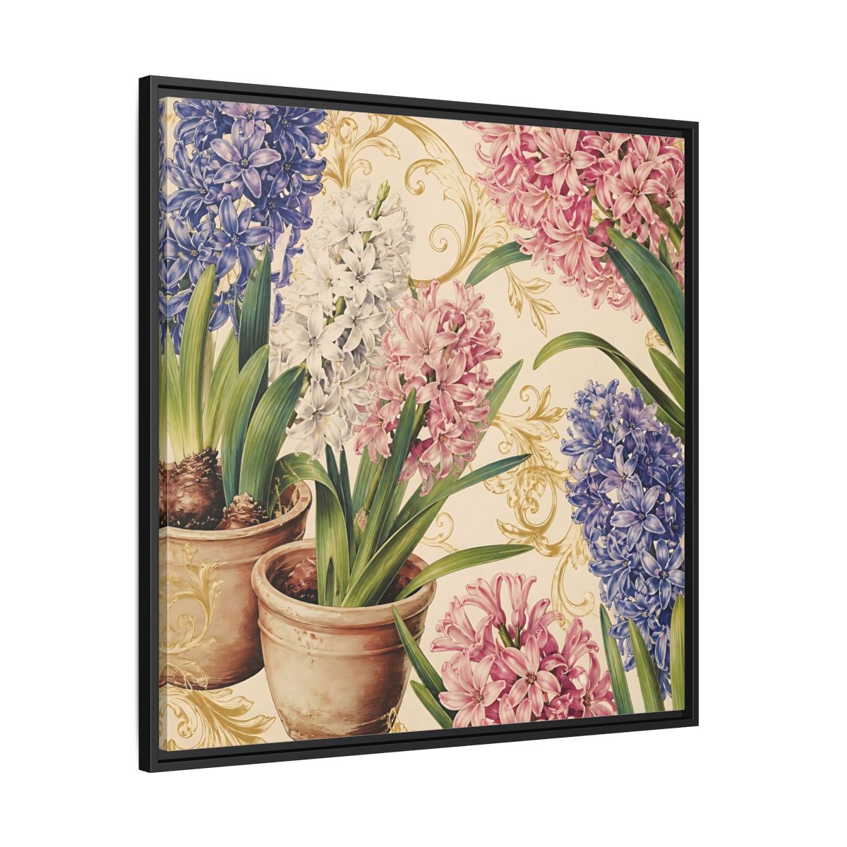 Side Mockup 30. Floral Hyacinth Flowers Hyacinth Floral shown as stretched canvas wall art