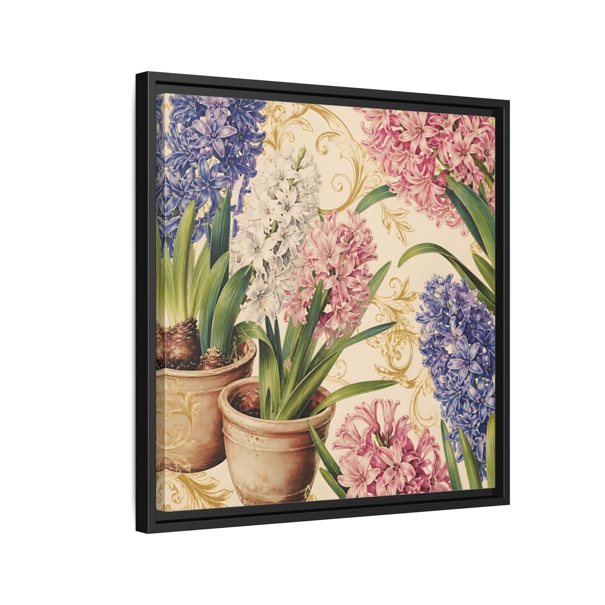 Side Mockup 12. Floral Hyacinth Flowers Hyacinth Floral shown as stretched canvas wall art