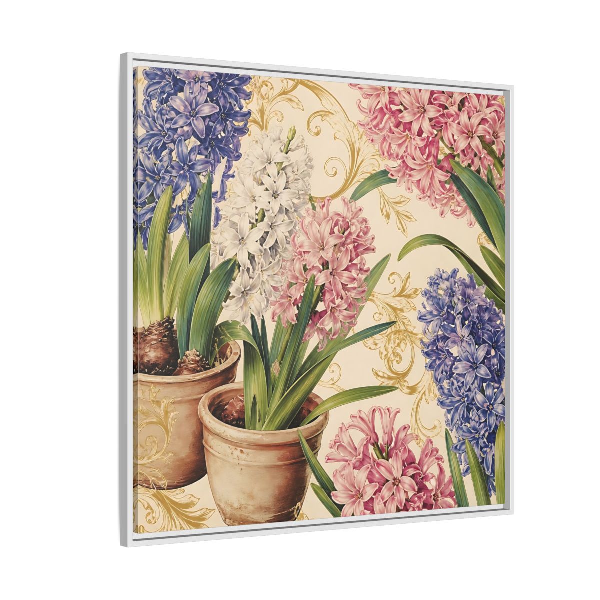 Side Mockup 4. Floral Hyacinth Flowers Hyacinth Floral shown as stretched canvas wall art