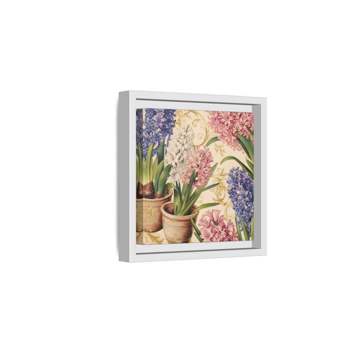 Side Mockup 1. Floral Hyacinth Flowers Hyacinth Floral shown as stretched canvas wall art