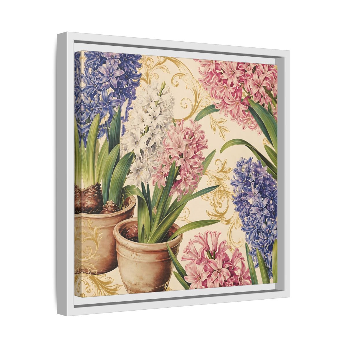 Side Mockup 28. Floral Hyacinth Flowers Hyacinth Floral shown as stretched canvas wall art
