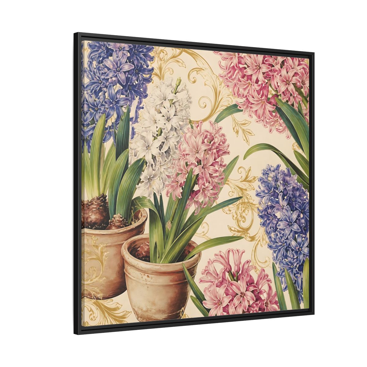 Side Mockup 6. Floral Hyacinth Flowers Hyacinth Floral shown as stretched canvas wall art