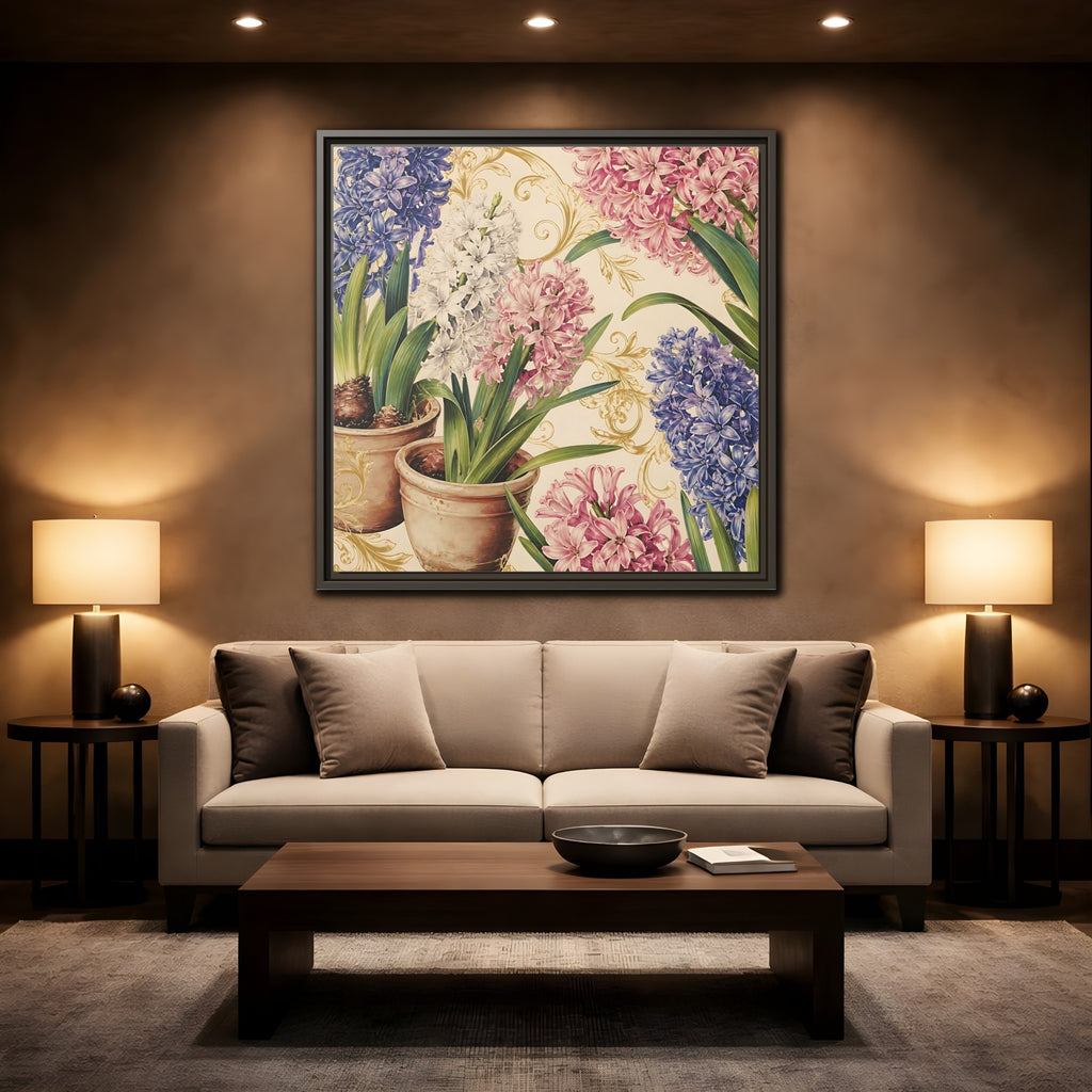 Mockup 2. Floral Hyacinth Flowers Hyacinth Floral shown as stretched canvas wall art