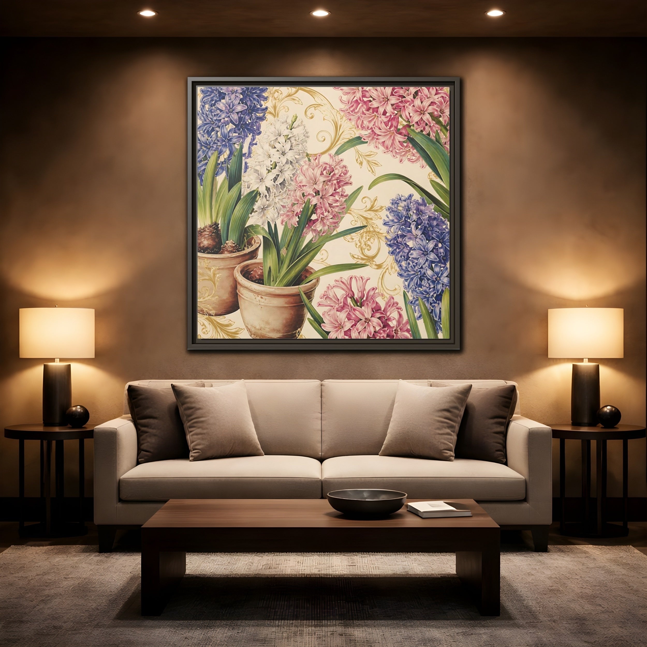 Mockup 2. Floral Hyacinth Flowers Hyacinth Floral shown as stretched canvas wall art