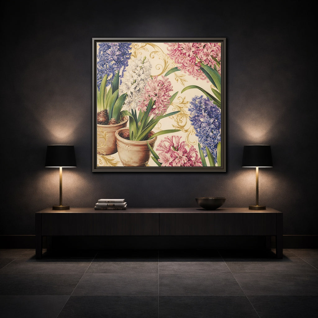 Mockup 3. Floral Hyacinth Flowers Hyacinth Floral shown as stretched canvas wall art