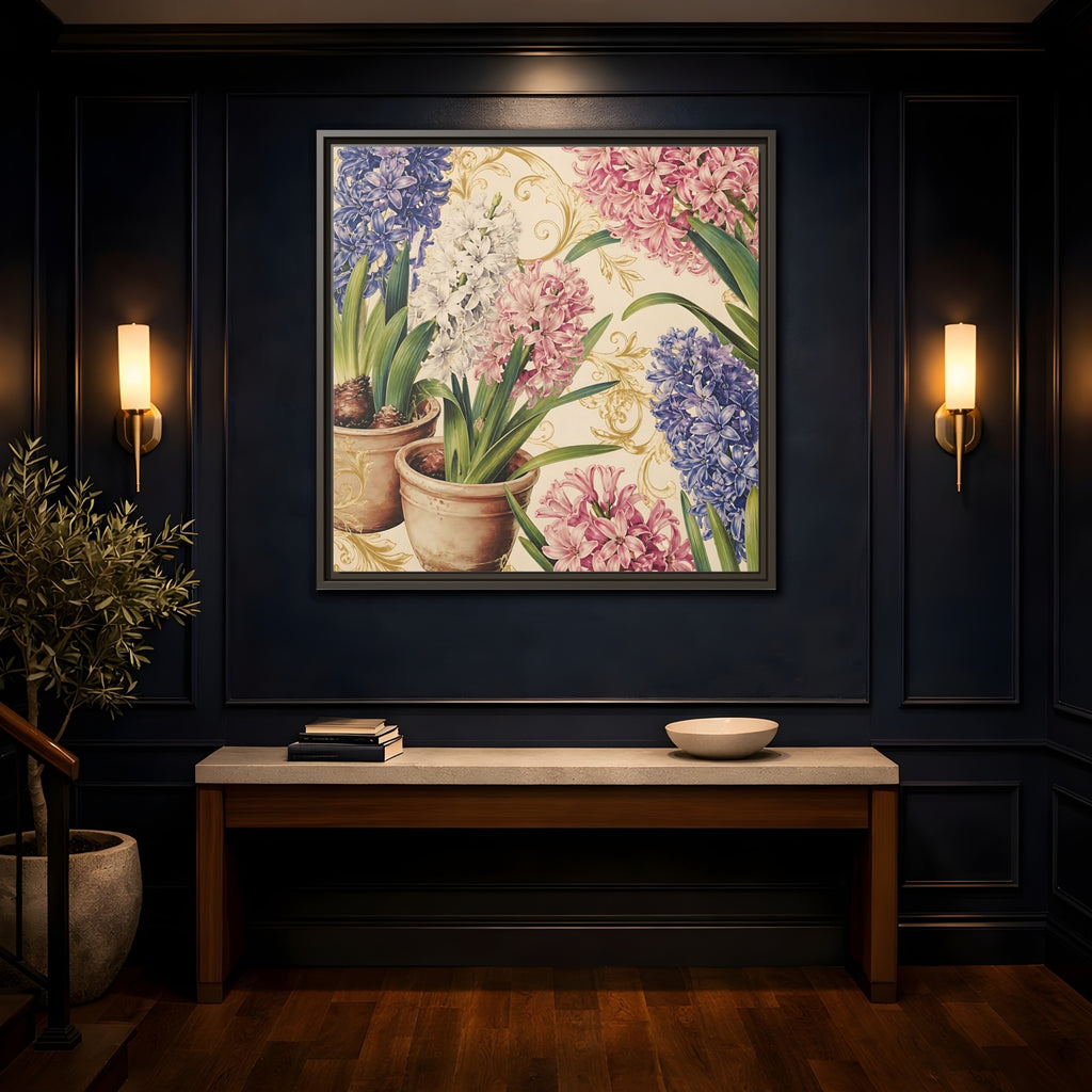 Mockup 4. Floral Hyacinth Flowers Hyacinth Floral shown as stretched canvas wall art