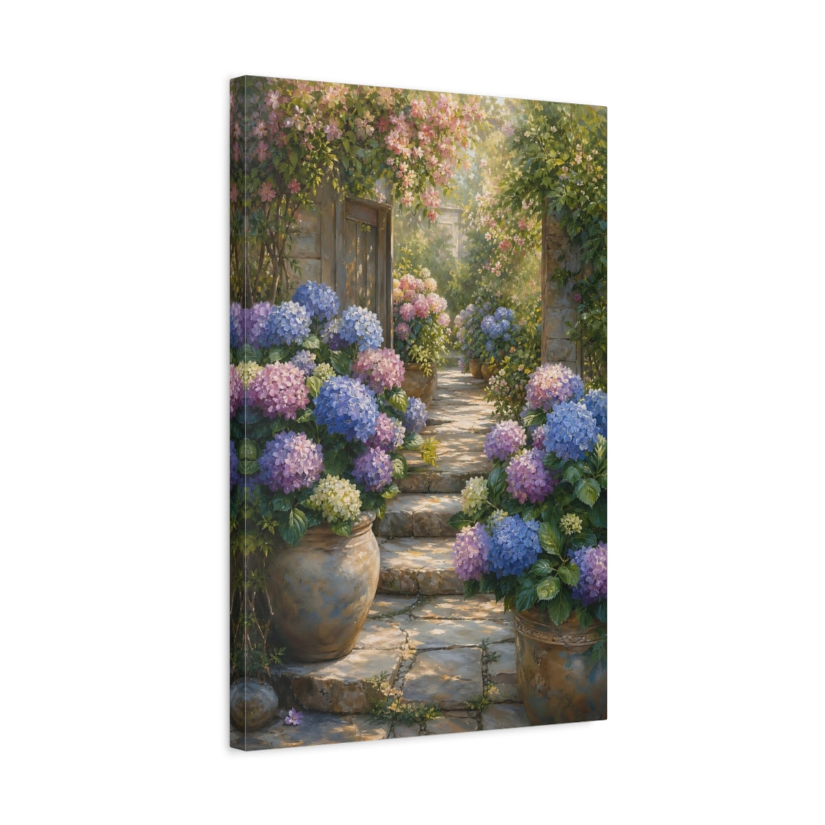 Side Mockup 3. Floral Hydrangea Garden Purple Blue Hydrangeas shown as stretched canvas wall art