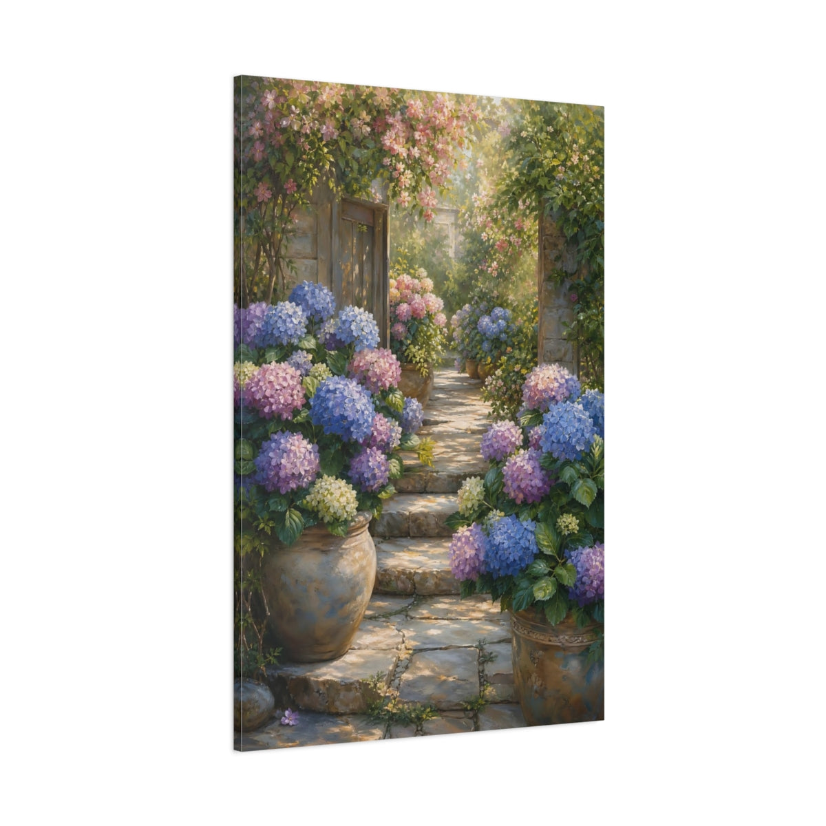 Side Mockup 1. Floral Hydrangea Garden Purple Blue Hydrangeas shown as stretched canvas wall art