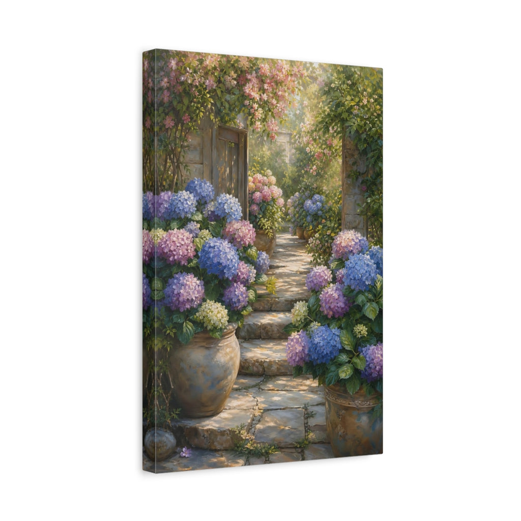 Side Mockup 4. Floral Hydrangea Garden Purple Blue Hydrangeas shown as stretched canvas wall art