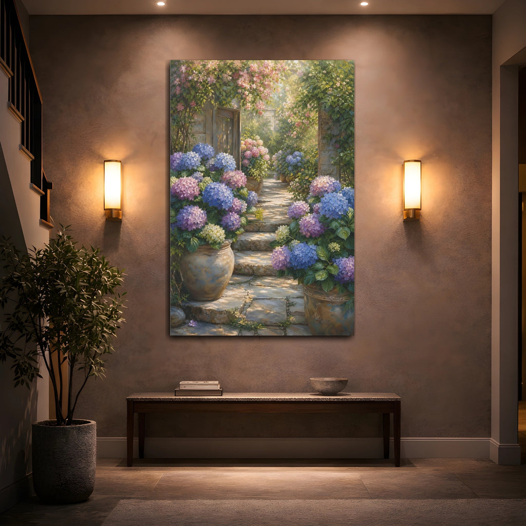 Mockup 2. Floral Hydrangea Garden Purple Blue Hydrangeas shown as stretched canvas wall art