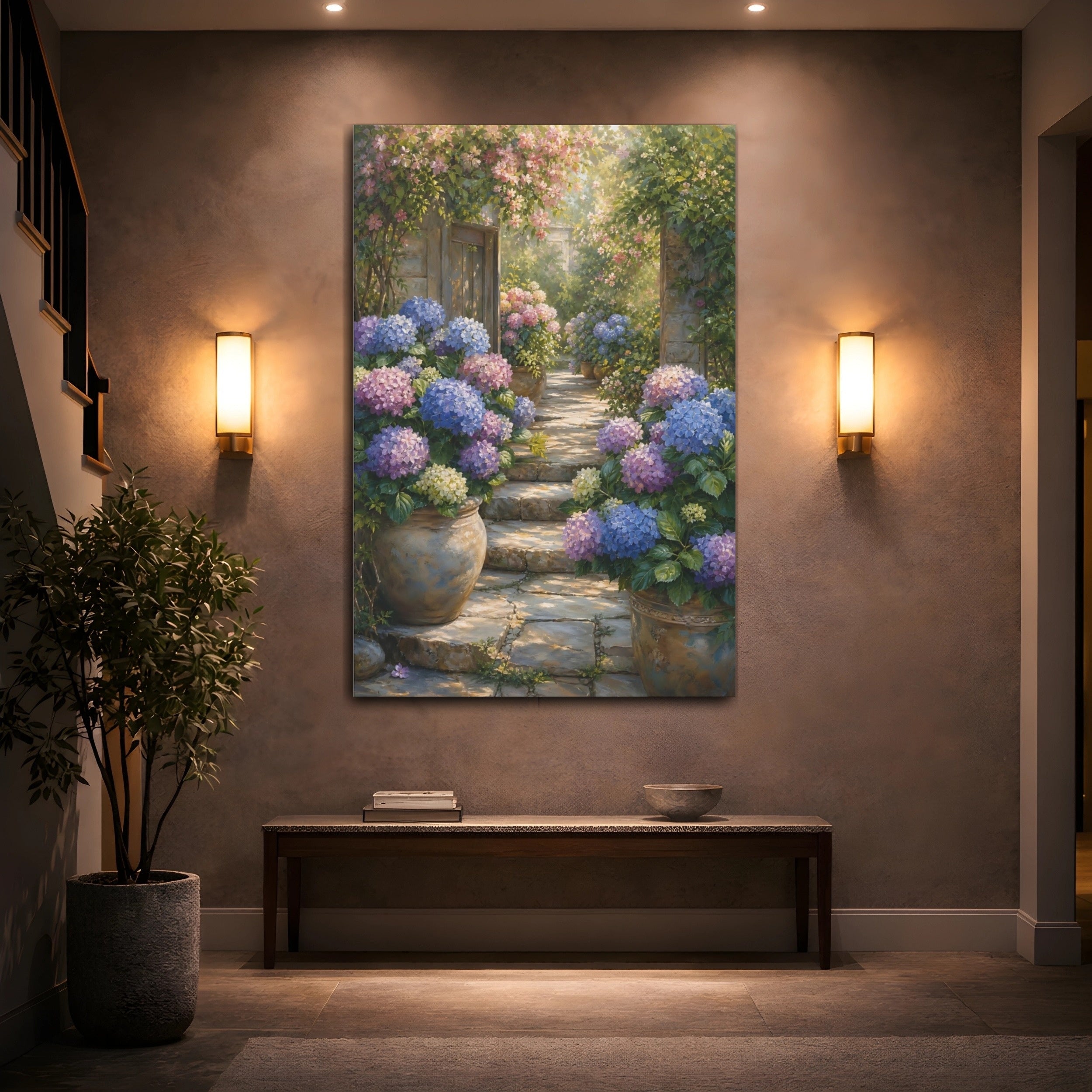 Mockup 2. Floral Hydrangea Garden Purple Blue Hydrangeas shown as stretched canvas wall art