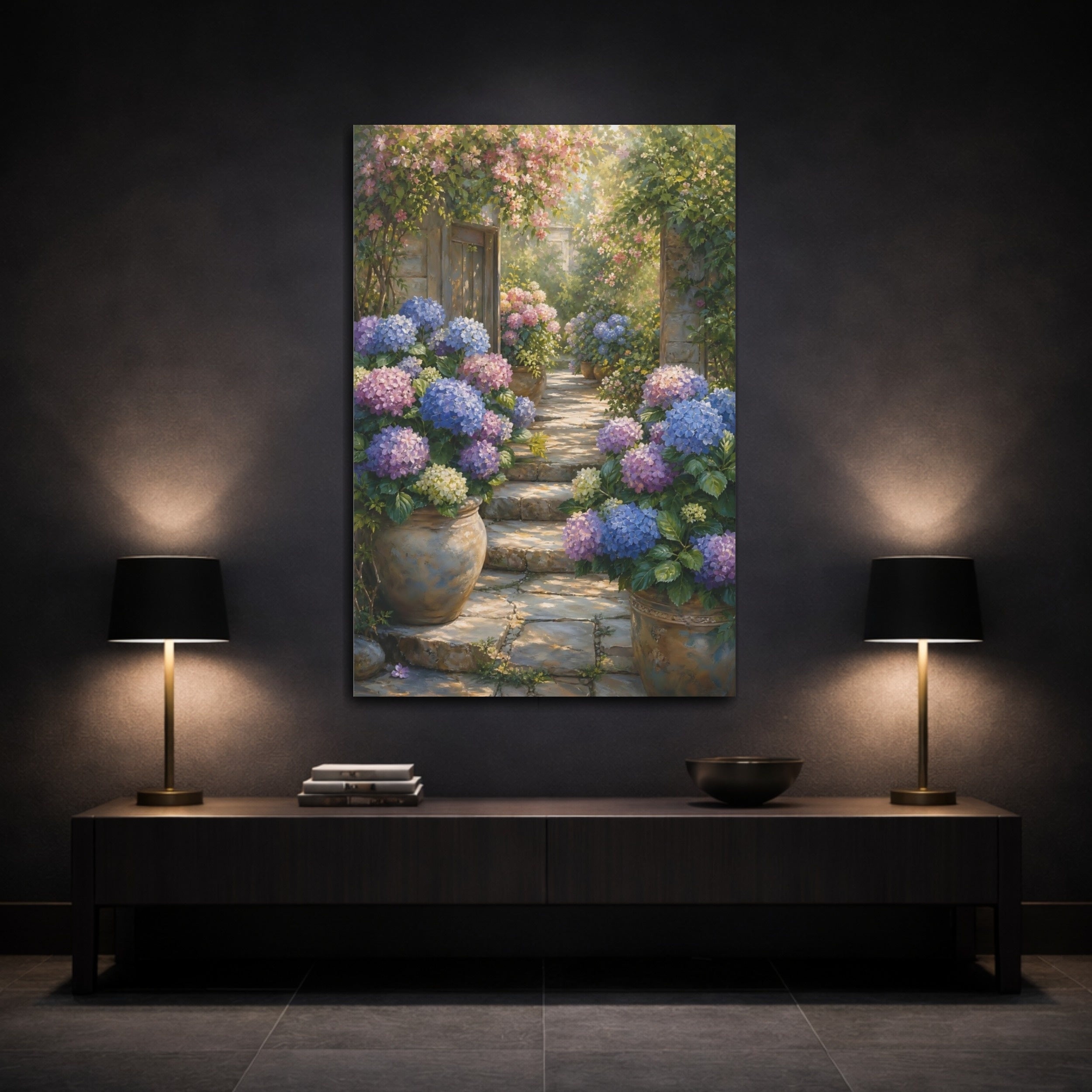 Mockup 3. Floral Hydrangea Garden Purple Blue Hydrangeas shown as stretched canvas wall art