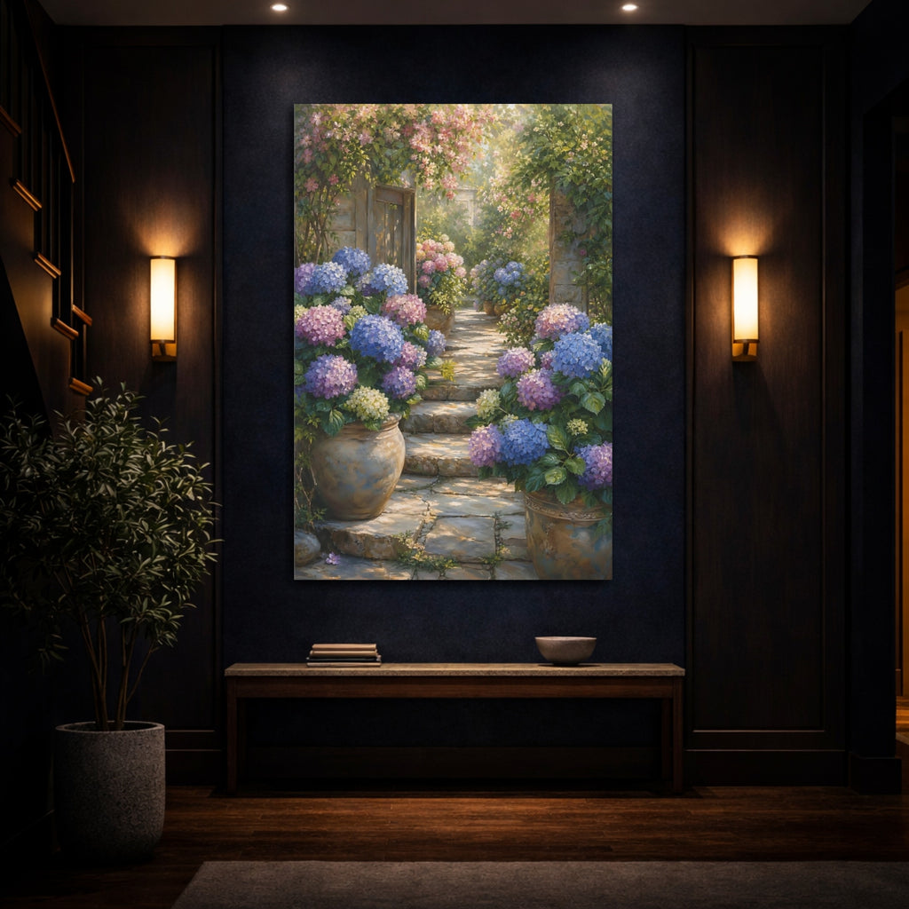 Mockup 4. Floral Hydrangea Garden Purple Blue Hydrangeas shown as stretched canvas wall art