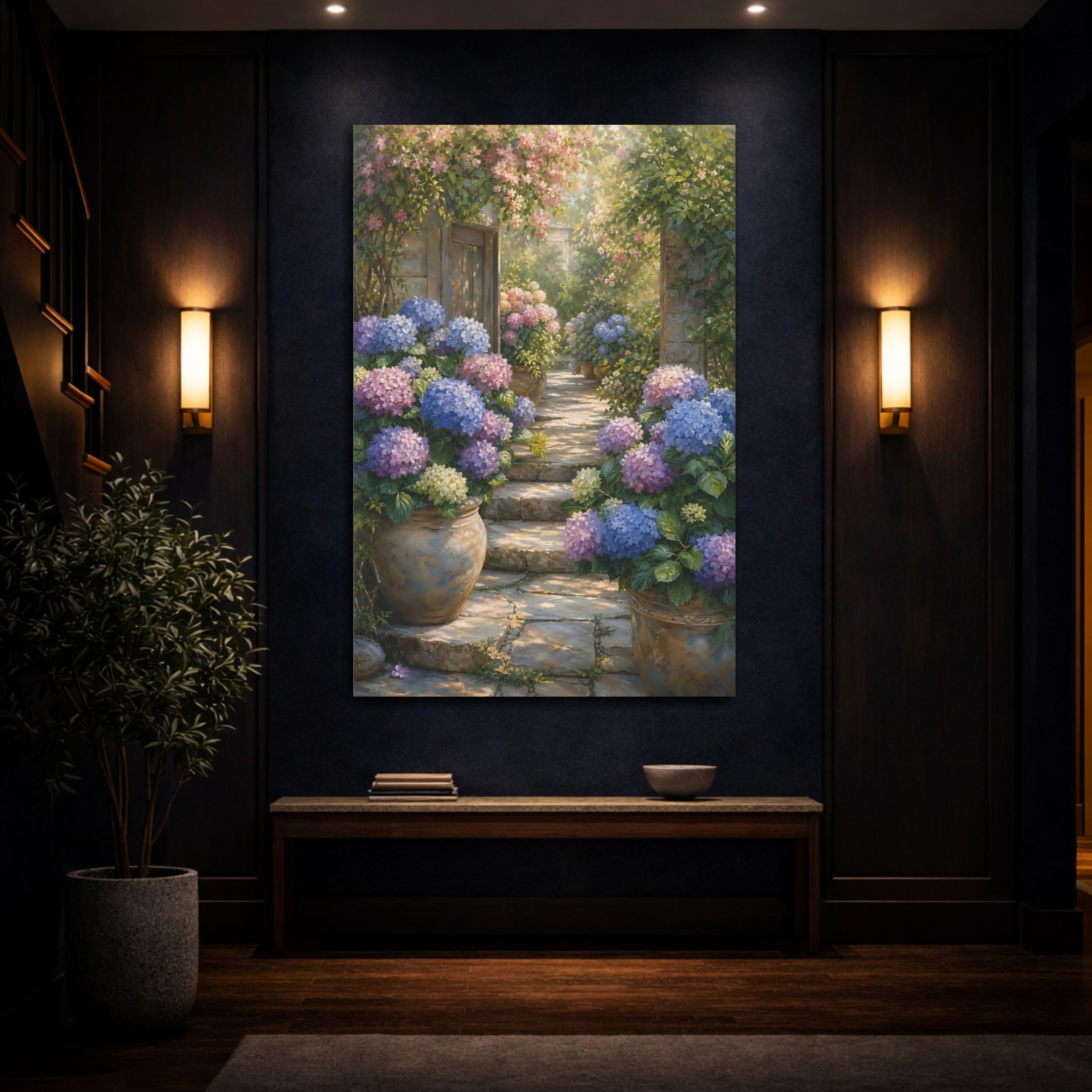 Mockup 4. Floral Hydrangea Garden Purple Blue Hydrangeas shown as stretched canvas wall art