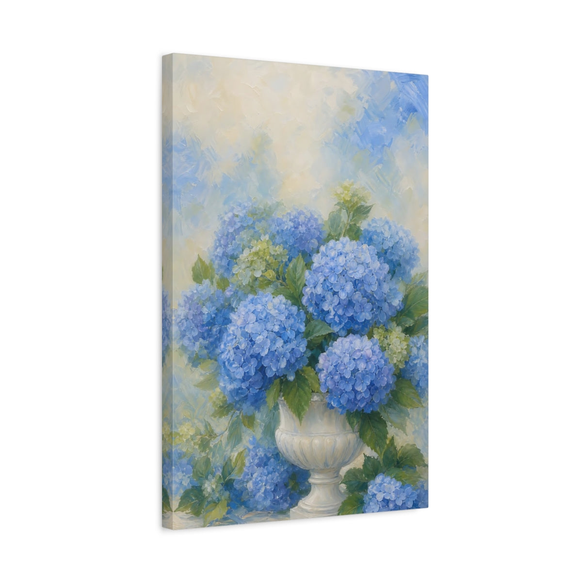Side Mockup 3. Floral Hydrangeas Blue Hydrangeas shown as stretched canvas wall art
