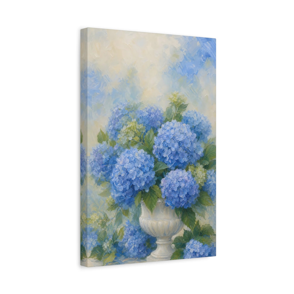 Side Mockup 4. Floral Hydrangeas Blue Hydrangeas shown as stretched canvas wall art