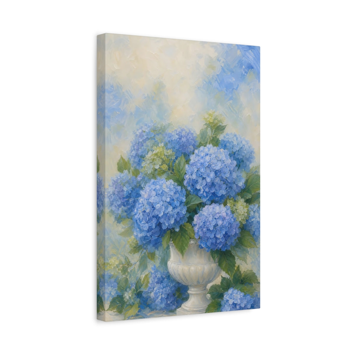 Side Mockup 4. Floral Hydrangeas Blue Hydrangeas shown as stretched canvas wall art