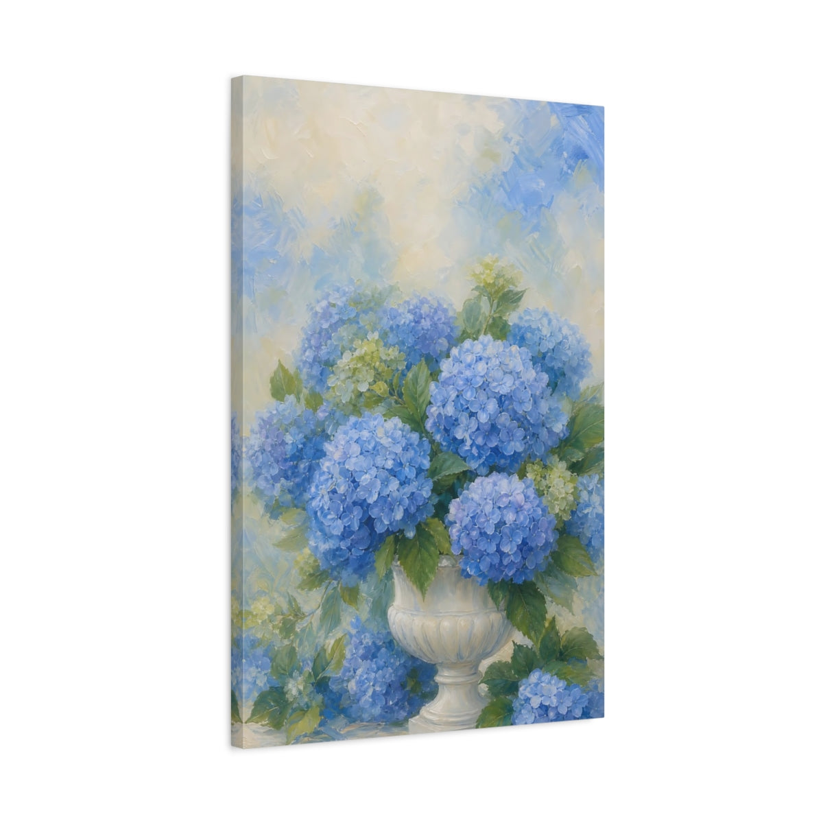 Side Mockup 2. Floral Hydrangeas Blue Hydrangeas shown as stretched canvas wall art