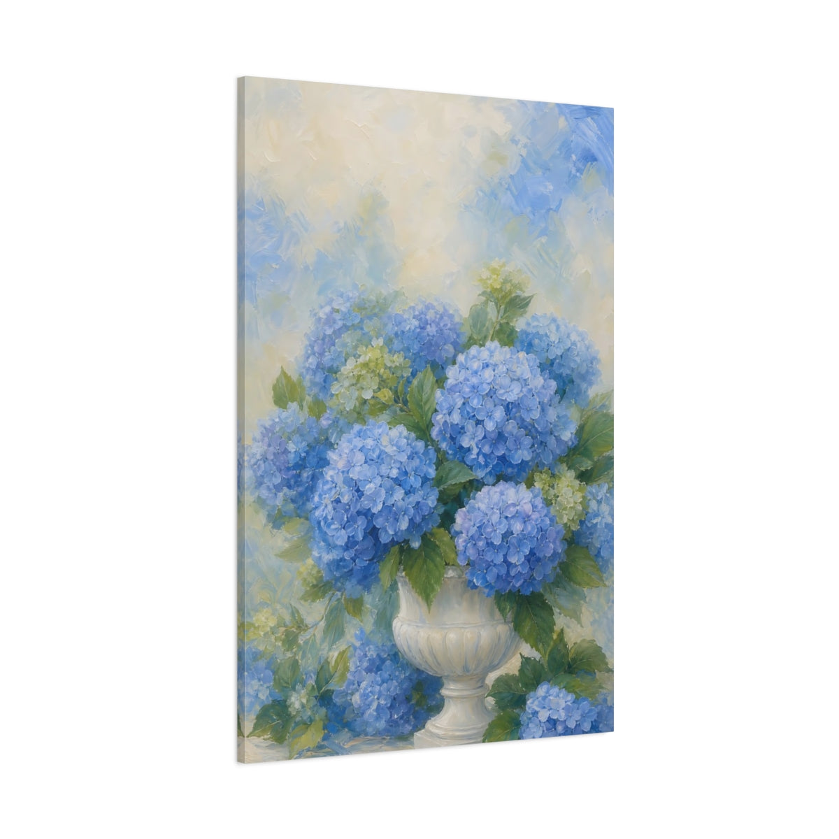 Side Mockup 1. Floral Hydrangeas Blue Hydrangeas shown as stretched canvas wall art