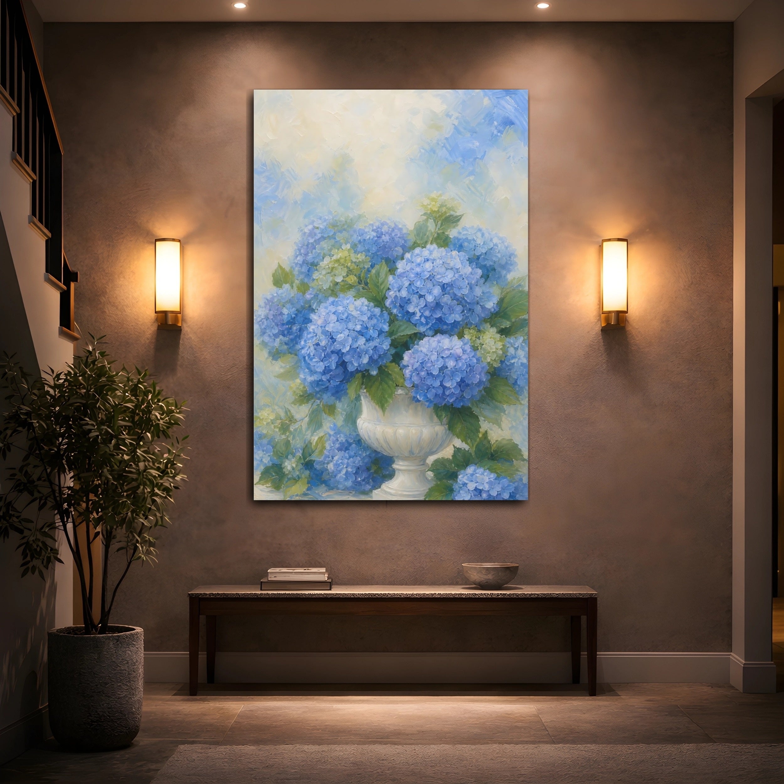 Mockup 2. Floral Hydrangeas Blue Hydrangeas shown as stretched canvas wall art