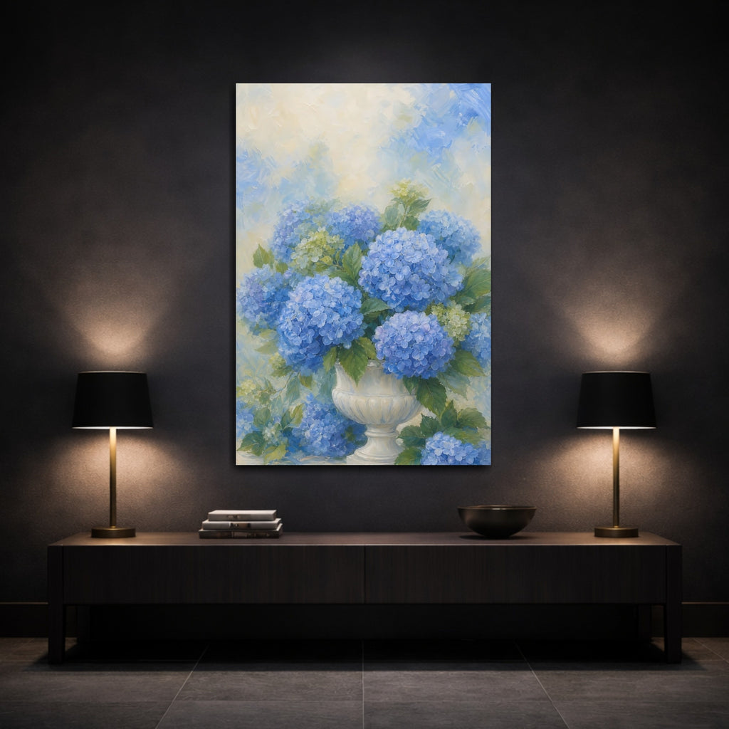 Mockup 3. Floral Hydrangeas Blue Hydrangeas shown as stretched canvas wall art
